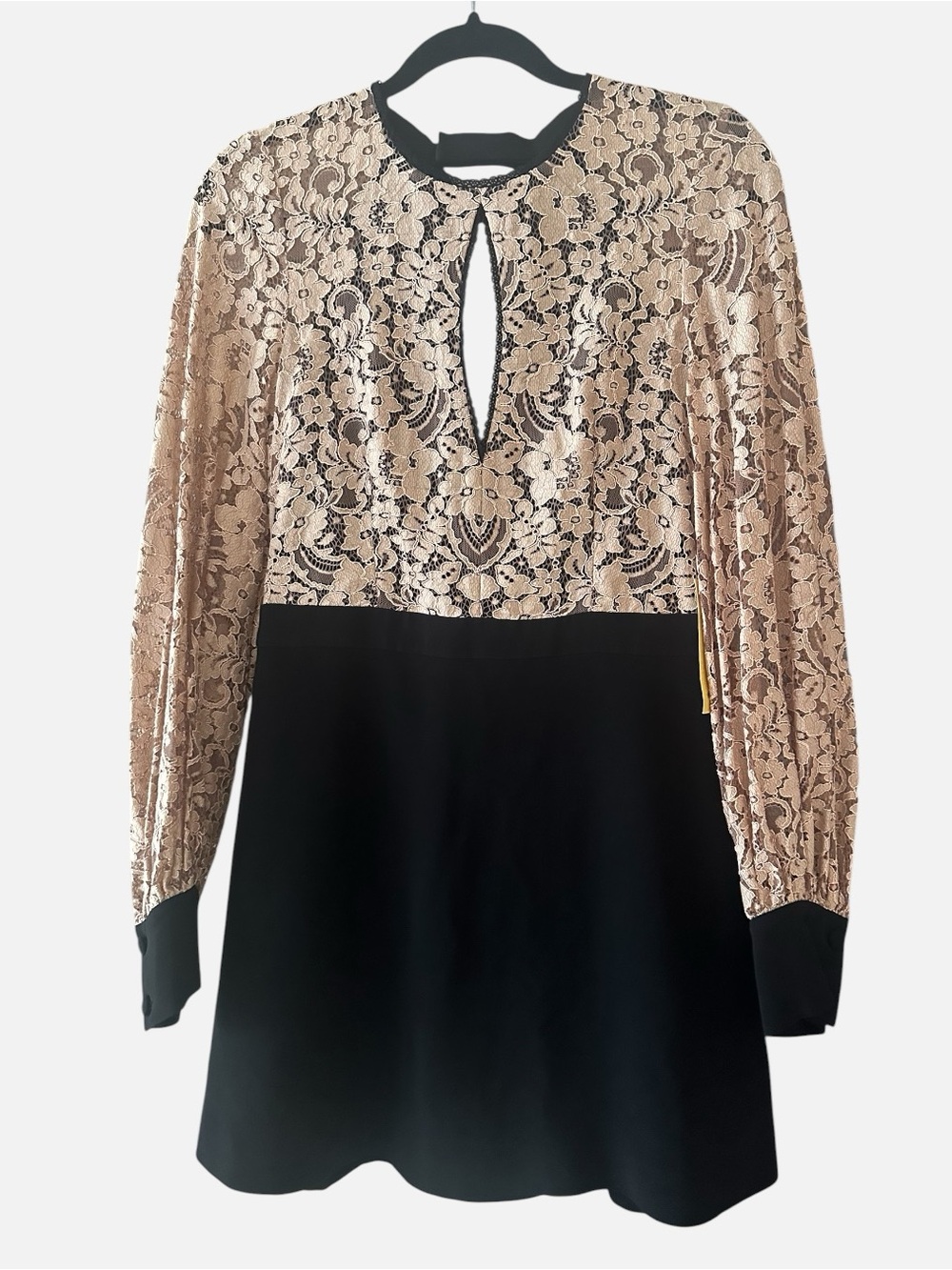 Neiman Marcus Lace Bodice Keyhole Black and cream Long-Sleeve Mini Dress SZ M-L